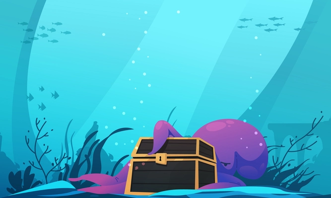 Underwater cartoon background with octopus holding treasure chest vector illustration
