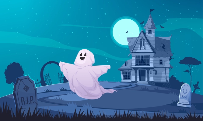 Ghost cartoon composition with happy spooky creature and old abandoned house on background vector illustration