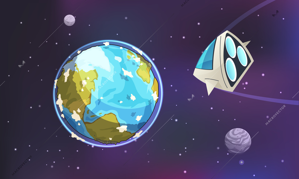 Aliens cartoon background with spaceship flying towards earth vector illustration