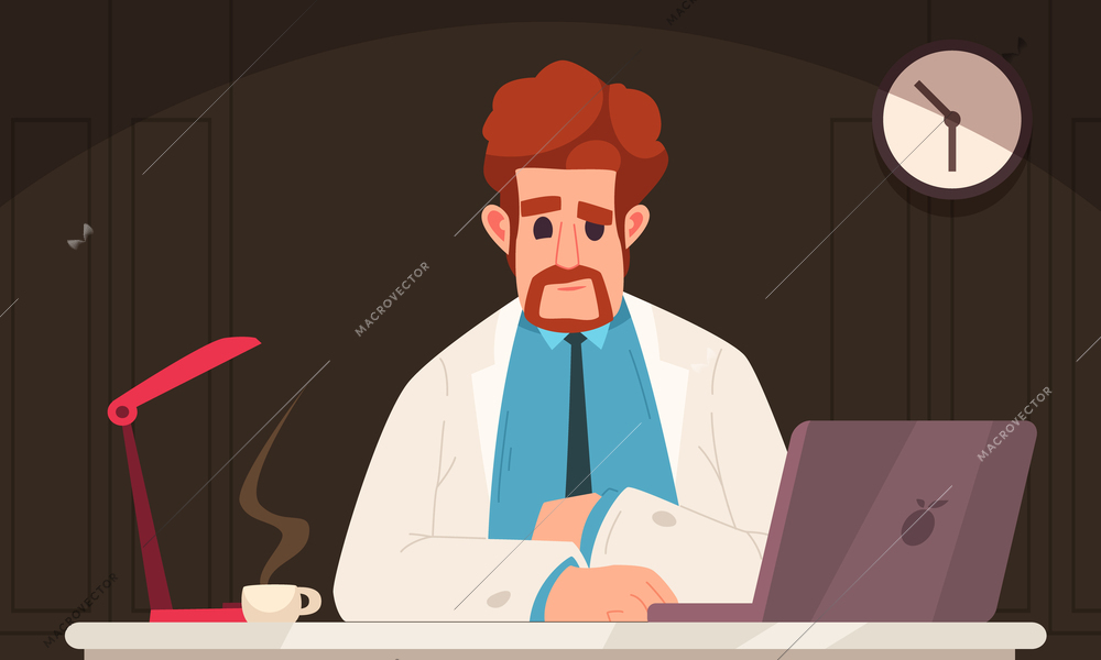 Doctor cartoon composition with man in whites at his desktop vector illustration