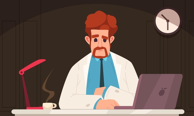 Doctor cartoon composition with man in whites at his desktop vector illustration