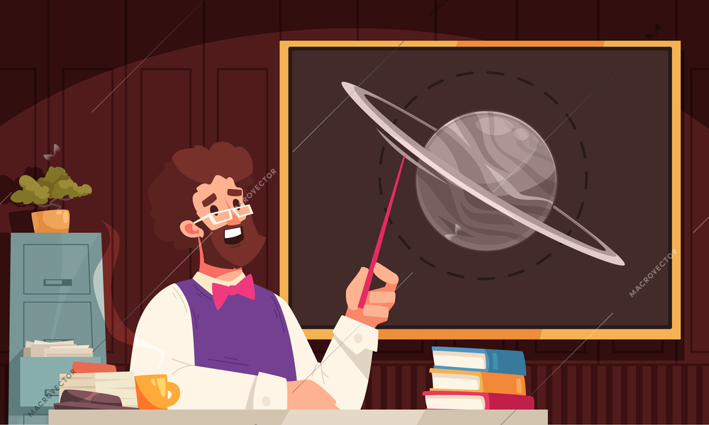 School teacher cartoon concept with male conducting astronomy class vector illustration