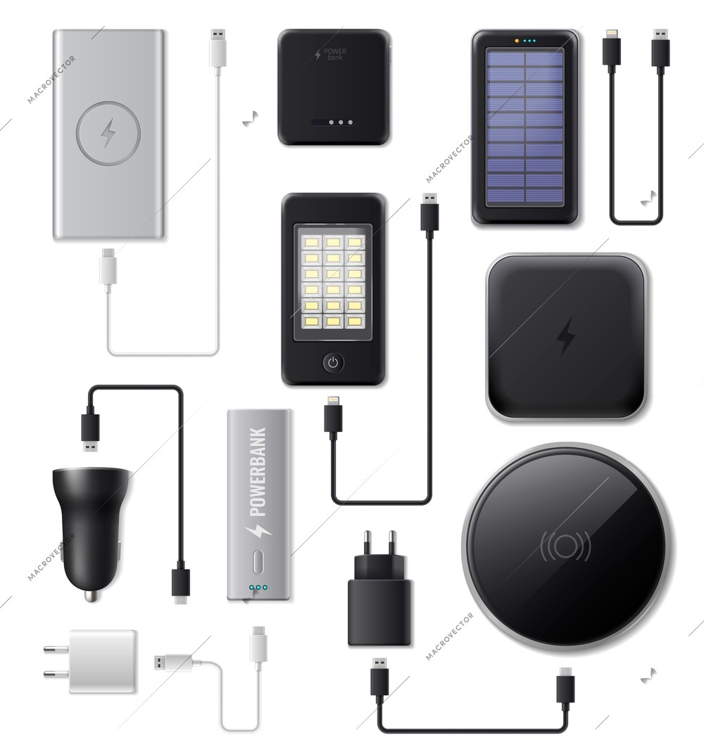 Powerbank realistic icons set with battery charger and cables isolated vector illustration
