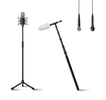 Microphone realistic icons set with standing and hanging audio equipment isolated vector illustration