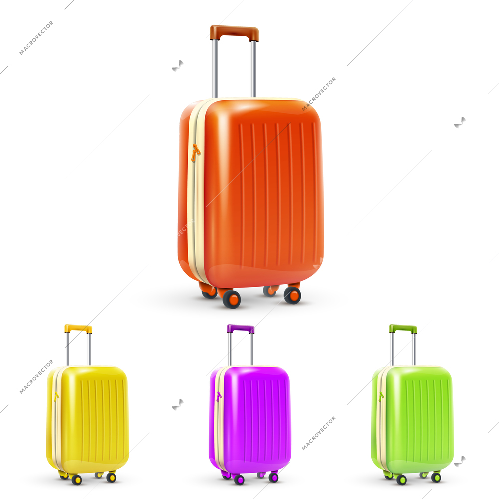 Set of colored plastic travel baggage suitcases isolated vector illustration