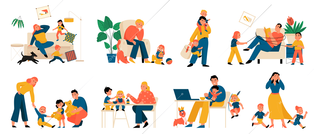 Flat stressed parenting set with exhausted mothers and fathers during daily routine with naughty kids isolated vector illustration