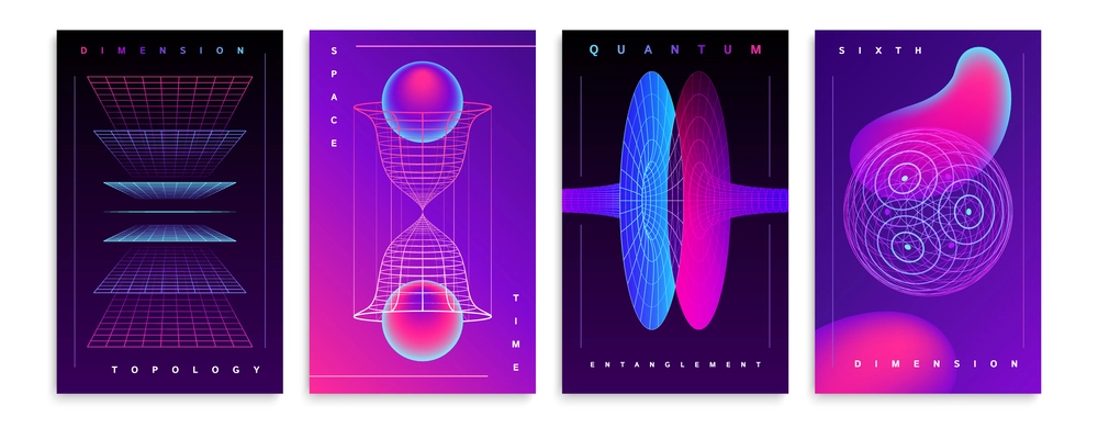 Realistic vertical neon color posters set with abstract 3d shapes isolated vector illustration