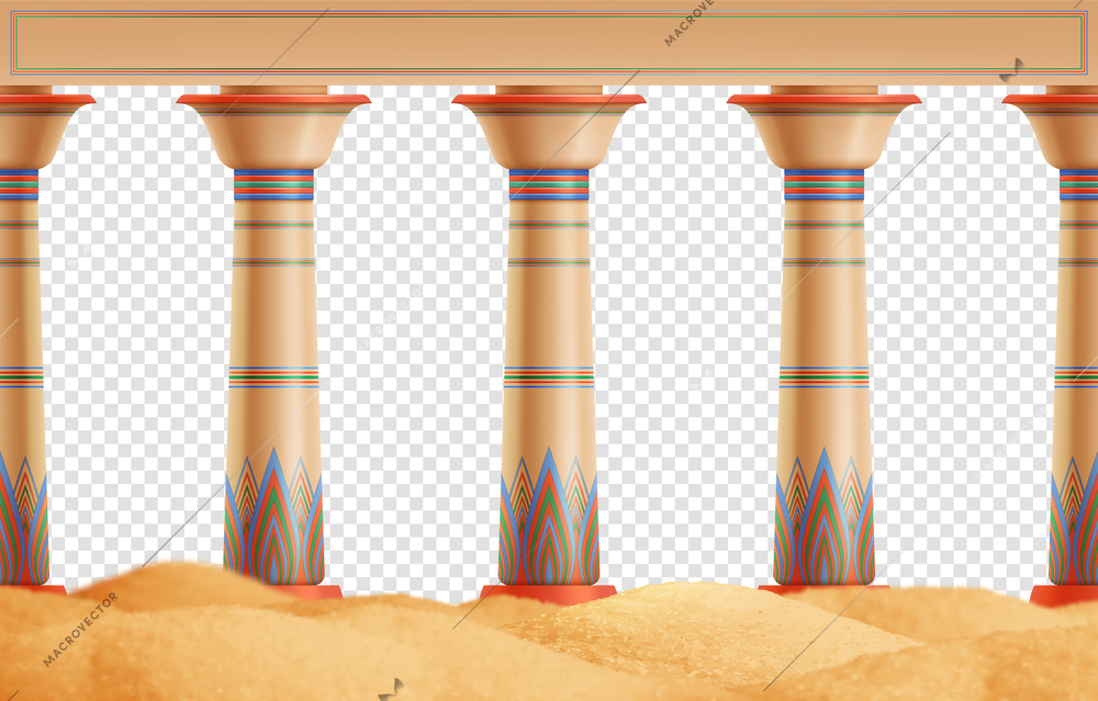 Oriental columns with color ornament on sand realistic transparent background vector illustration