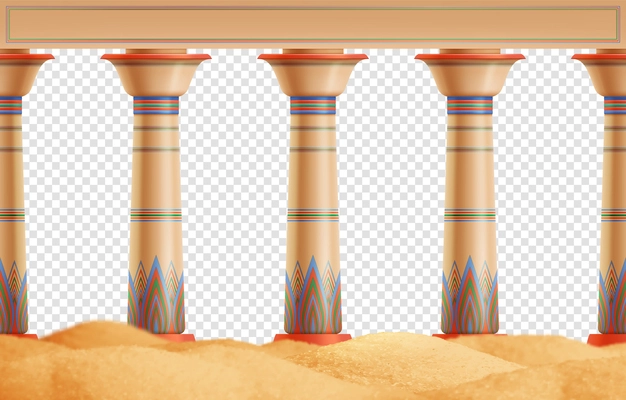 Oriental columns with color ornament on sand realistic transparent background vector illustration