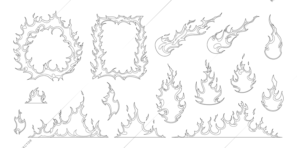 Fire frames fireballs flame elements hand drawn set isolated on white background vector illustration