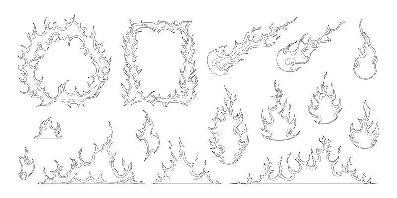 Fire frames fireballs flame elements hand drawn set isolated on white background vector illustration