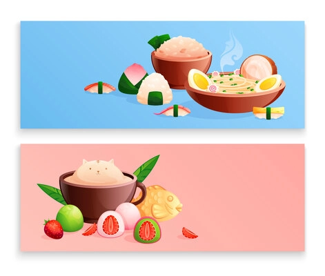 Asian food flat color background horizontal banners set with cute desserts hot ramen sushi onigiri bowl of rice isolated vector illustration