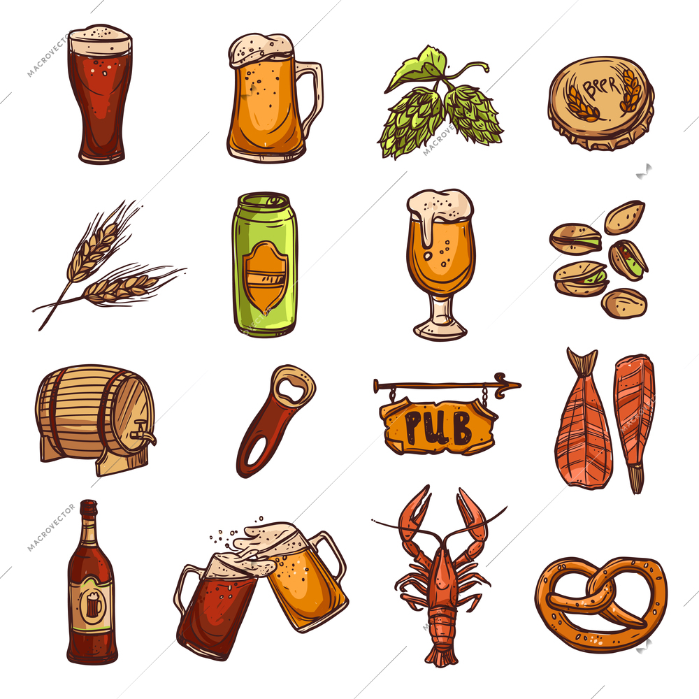 Beer sketch set with drink glass bottle fish barrel isolated vector illustration