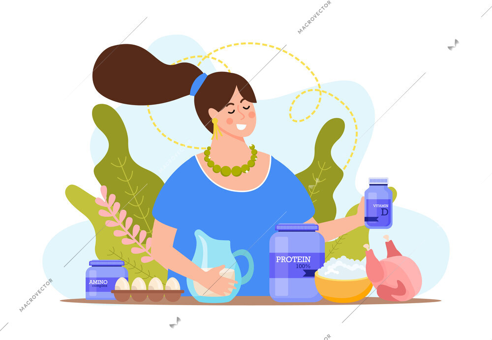 Sport nutrition flat composition with female character gathering dairy products and protein supplements in plastic cans vector illustration