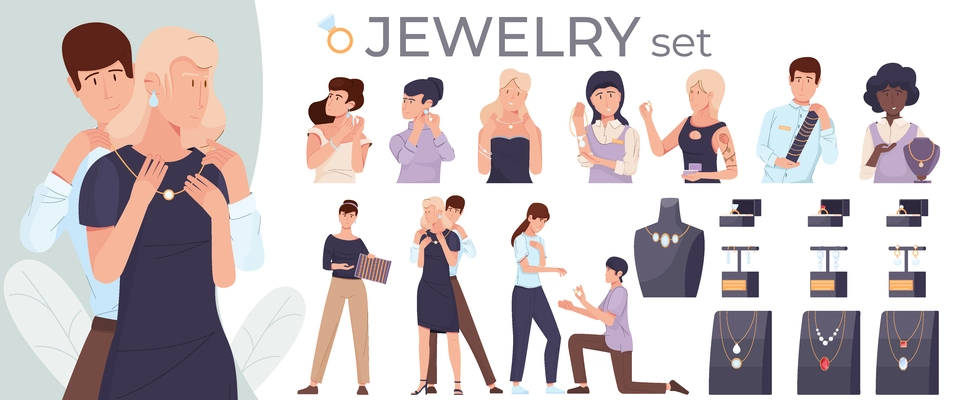 Jewelry shop set of flat compositions with loving couple doodle human characters shop displays and jewels vector illustration