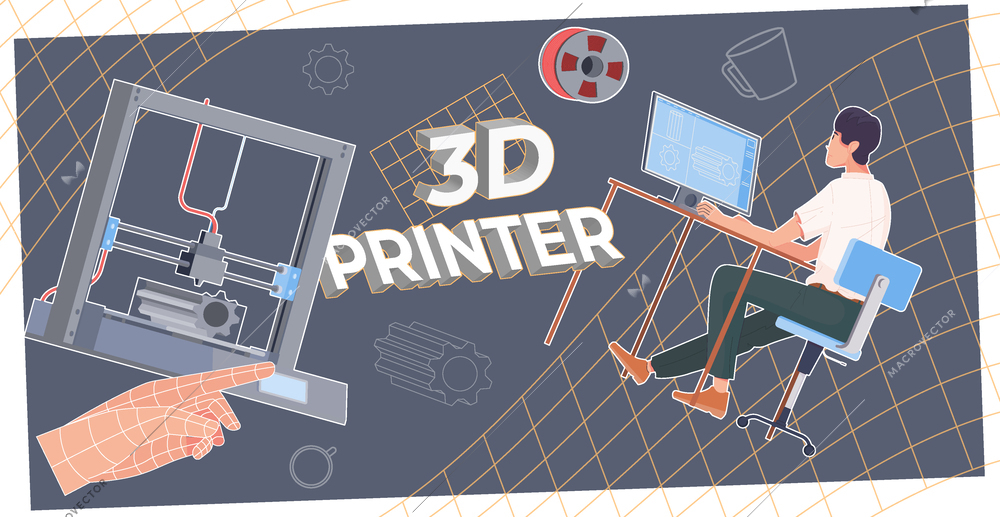 3d printing composition with collage of wireframe gear icons printer elements human hand and computer user vector illustration