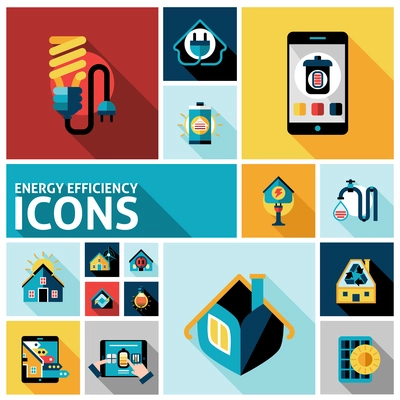 Energy efficiency effective house system icons set isolated vector illustration