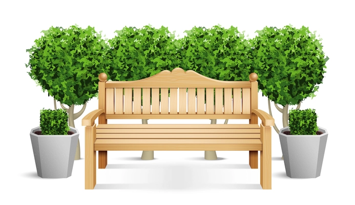 Realistic colored park bench composition wooden bench with a carved back is placed on the outdoor vector illustration