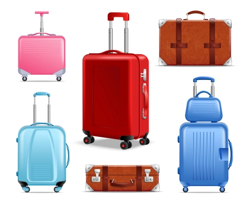 Realistic travel baggage icon set suitcases of different styles sizes and colors vector illustration