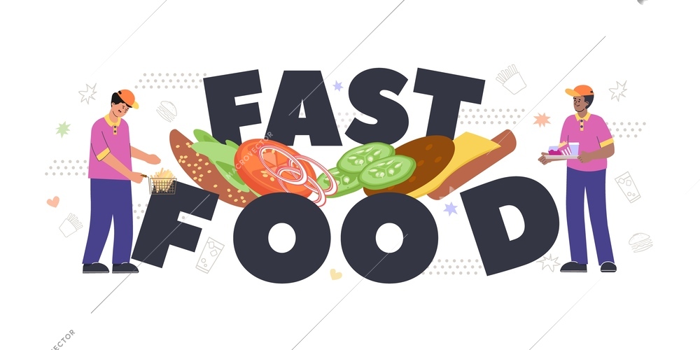 Fast food restaurant composition with flat text surrounded by cafe workers cooking holding tray with meals vector illustration