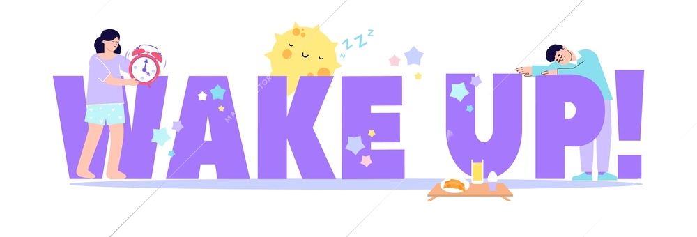 Wake up alarm composition with flat text icons of stars sneezing alarm clock and human characters vector illustration