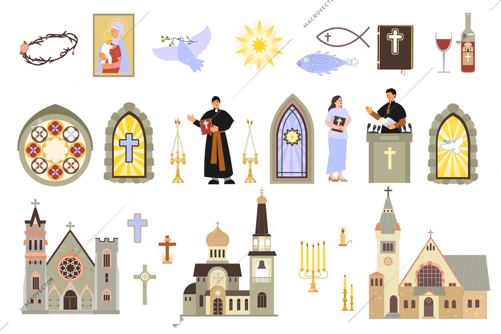 Church interior flat set with isolated icons of spiritual objects candles crosses people and temple buildings vector illustration