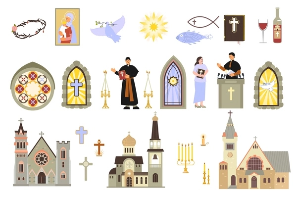 Church interior flat set with isolated icons of spiritual objects candles crosses people and temple buildings vector illustration