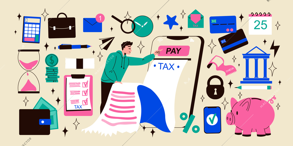 Tax day form big set with man touching smartphone pay button tax receipt and financial icons vector illustration