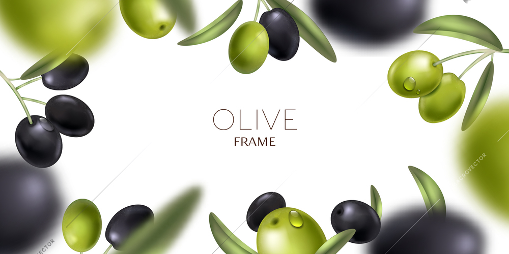 Realistic olive composition with images of flying black and green berries leaves blurry background and text vector illustration
