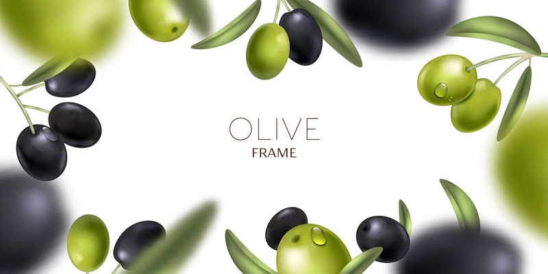 Realistic olive composition with images of flying black and green berries leaves blurry background and text vector illustration