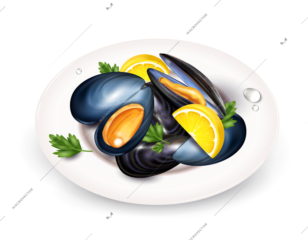 Realistic mussels composition with plate and served meal with slices of lemon greens and shell halves vector illustration