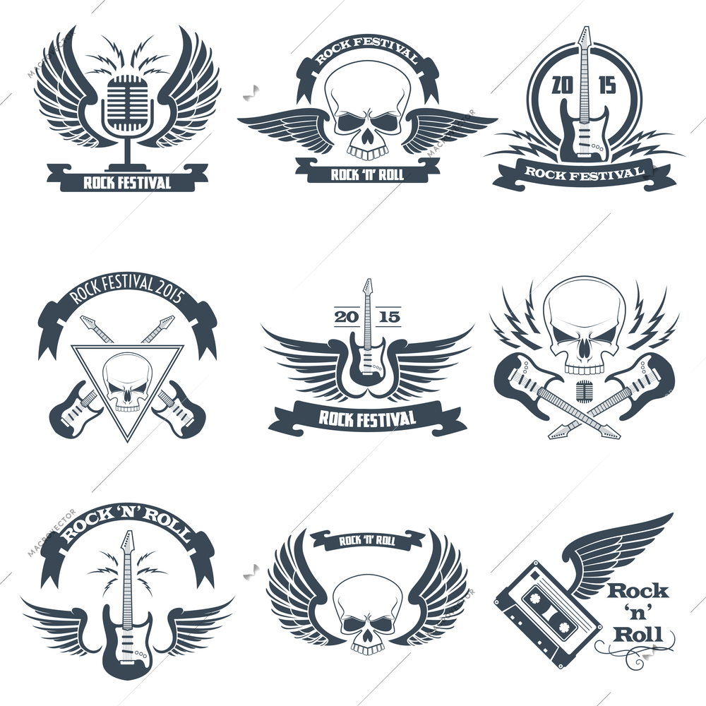 Rock music ribbon emblems set with skulls wings guitars isolated vector illustration