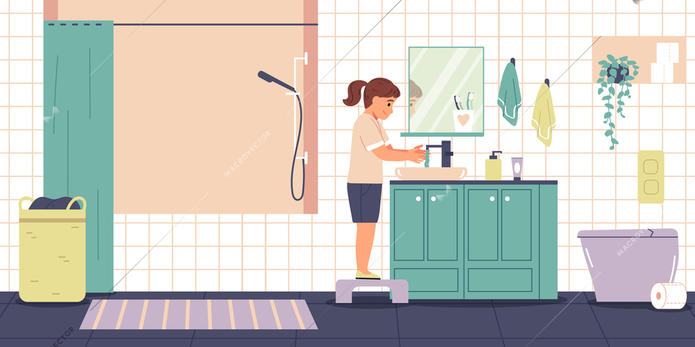 Daily hygiene routine flat concept with girl washing hands in bathroom vector illustration
