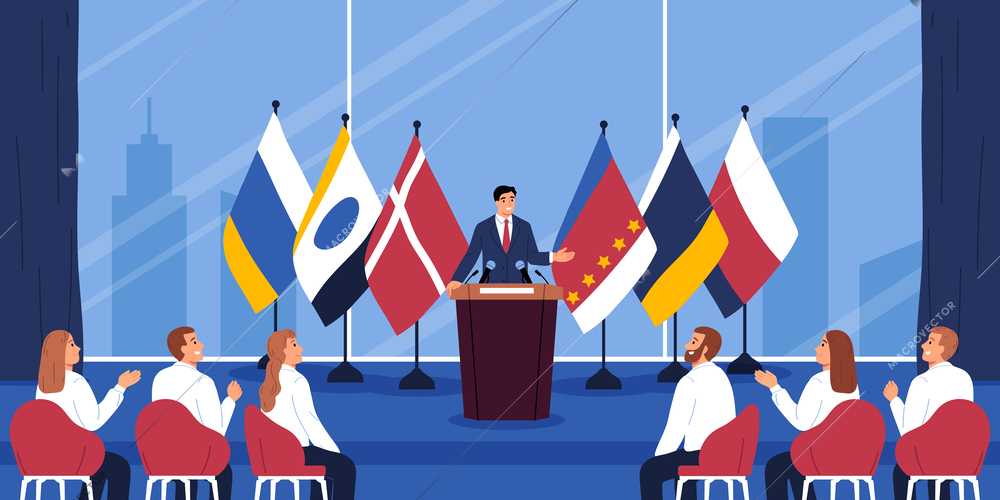 Conference stage flat concept with political leader speaking in front of audience vector illustration