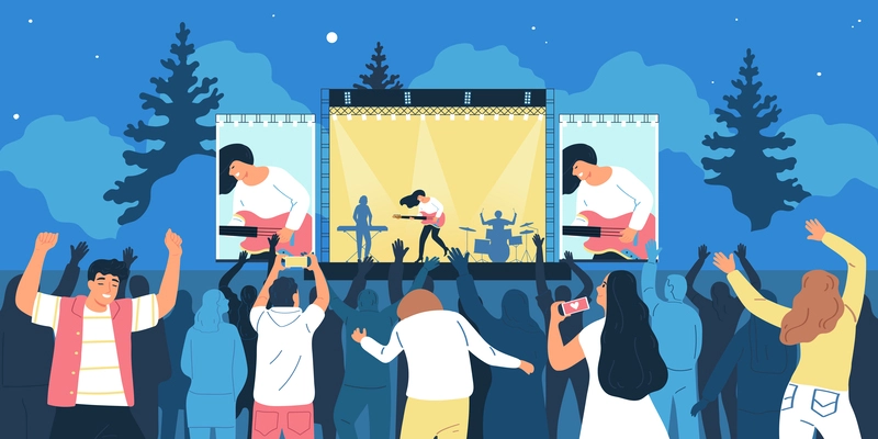 Open air festival flat concept with people listening to music band outdoors vector illustration