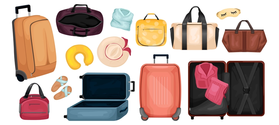 Travel baggage cartoon set of trip bags and touristic suitcases on wheels isolated vector illustration