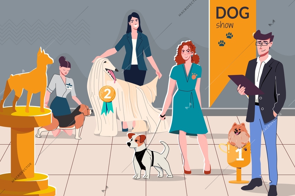 Dog show participants and winners with their masters and judges flat vector illustration
