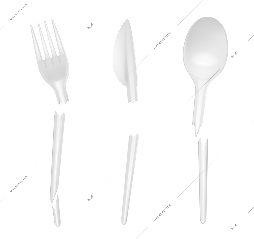 Disposable tableware realistic set of broken white plastic knife fork and spoon isolated vector illustration