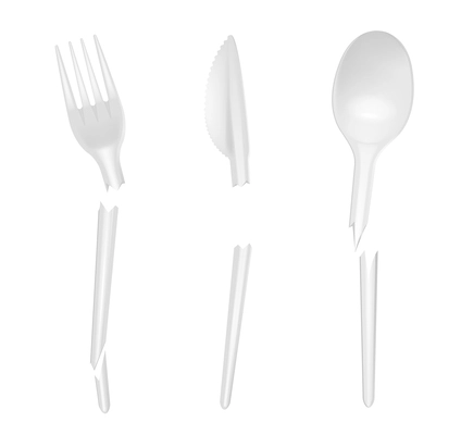 Disposable tableware realistic set of broken white plastic knife fork and spoon isolated vector illustration