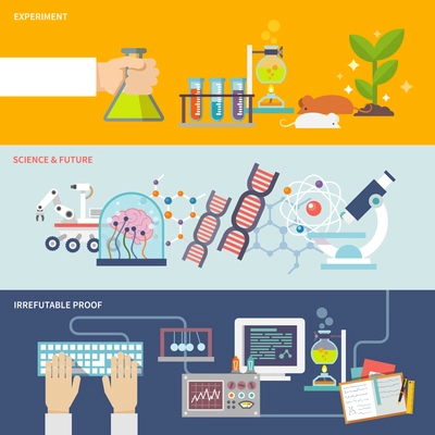 Science and research horizontal banner set with experiment irrefutable proof and future flat elements isolated vector illustration