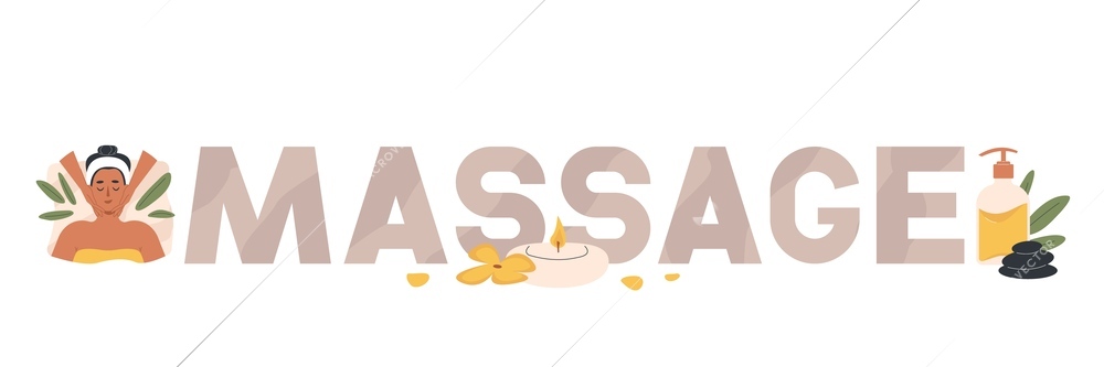 Types of massage composition with flat text icons of stones leaves oil petals and burning candle vector illustration