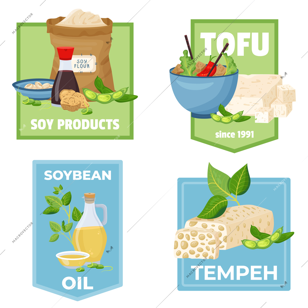 Soy products flat set of isolated labels with compositions of ornate text plants and product images vector illustration