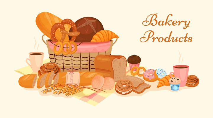 Bakery products flat advertising composition of ornate text and isolated view of basket filled with pastry vector illustration