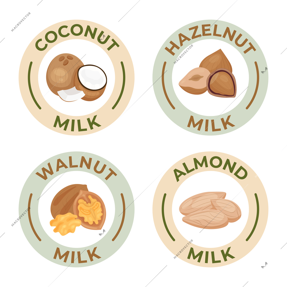 Vegan milk set of round isolated labels with flat icons of nuts coconut and editable text vector illustration