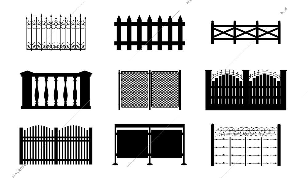 Set with isolated monochrome icons of flat fence segments with ornate shapes posts on blank background vector illustration