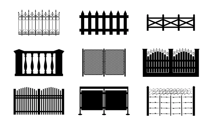 Set with isolated monochrome icons of flat fence segments with ornate shapes posts on blank background vector illustration