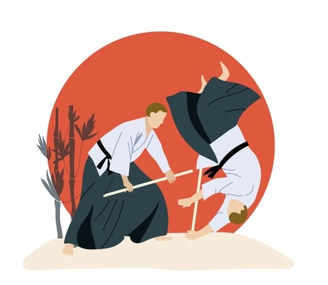 Martial arts concept with fighting and duel symbols flat vector illustration