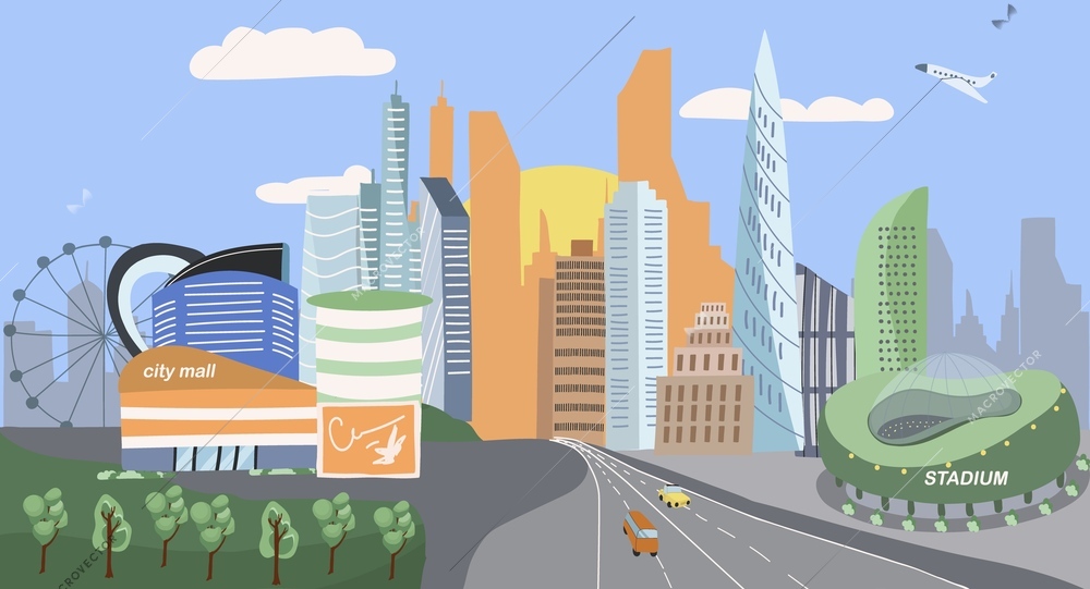 Megapolis city background with urban architecture symbols flat vector illustration