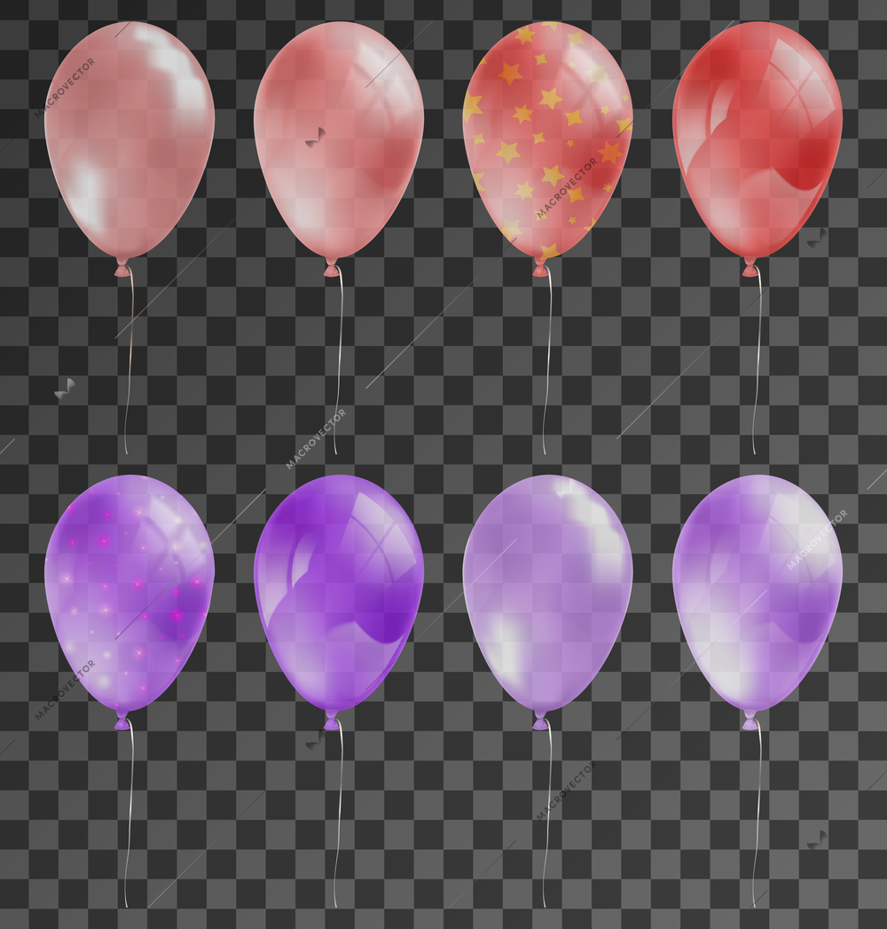 Celebration party realistic set of red and violet air balloons at transparent background vector illustration