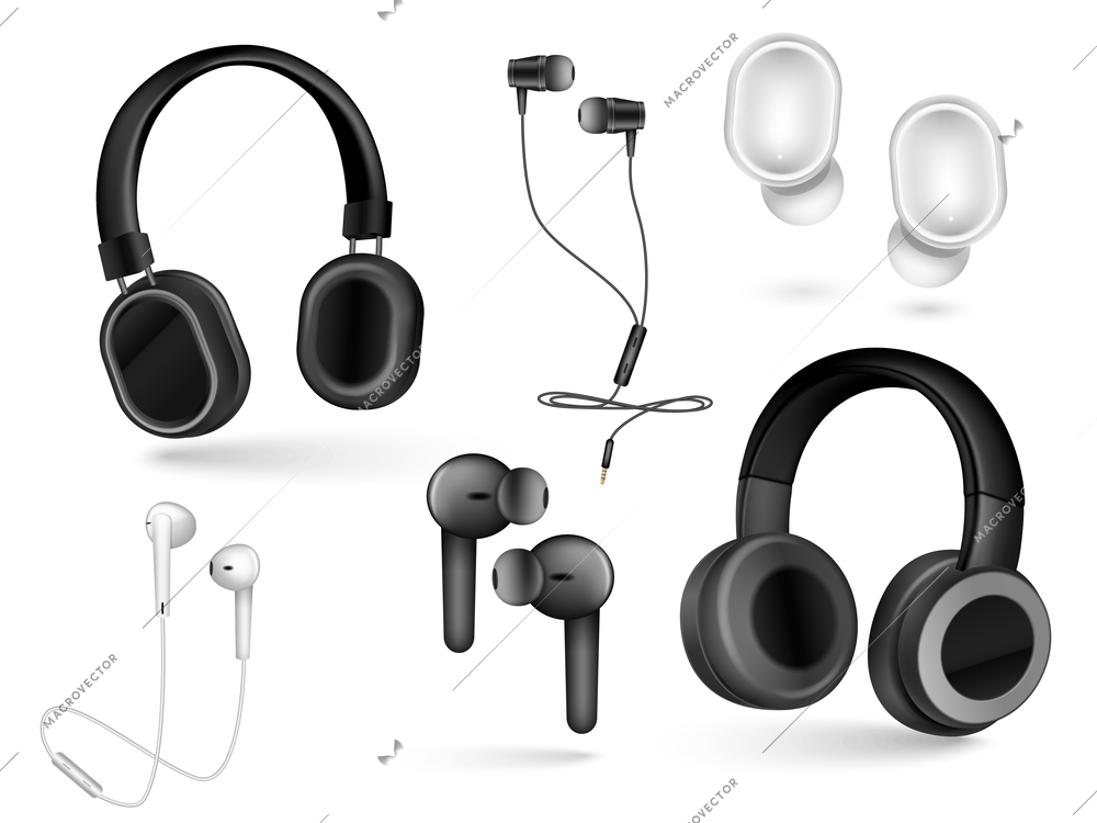 Realistic set of different wired and wireless audio equipment for music listening smartphones and gaming isolated vector illustration